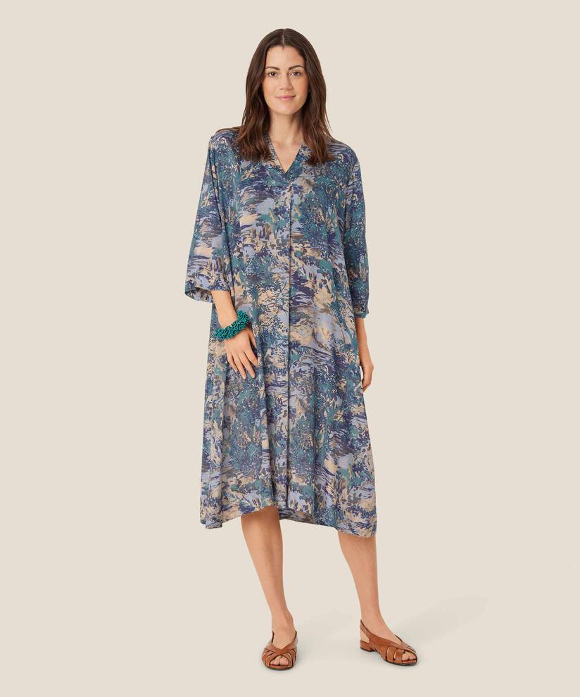 Viskosekleid mit V-Ausschnitt und Dreiviertelärmeln, Teal