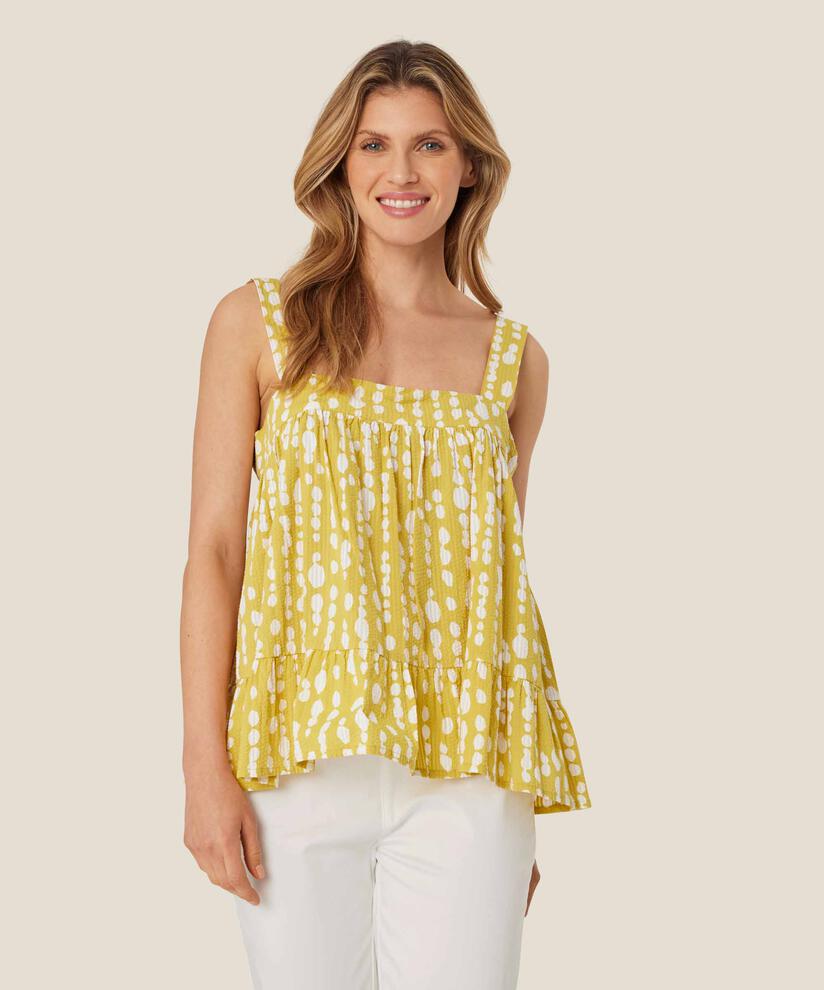Bedrucktes Baumwolltop mit breiten Trägern, Oil Yellow