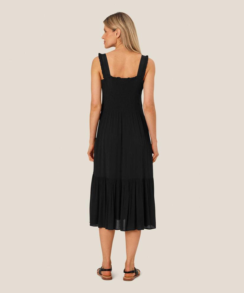 Viskosekleid mit Trägern und Smok über der Brust, Black