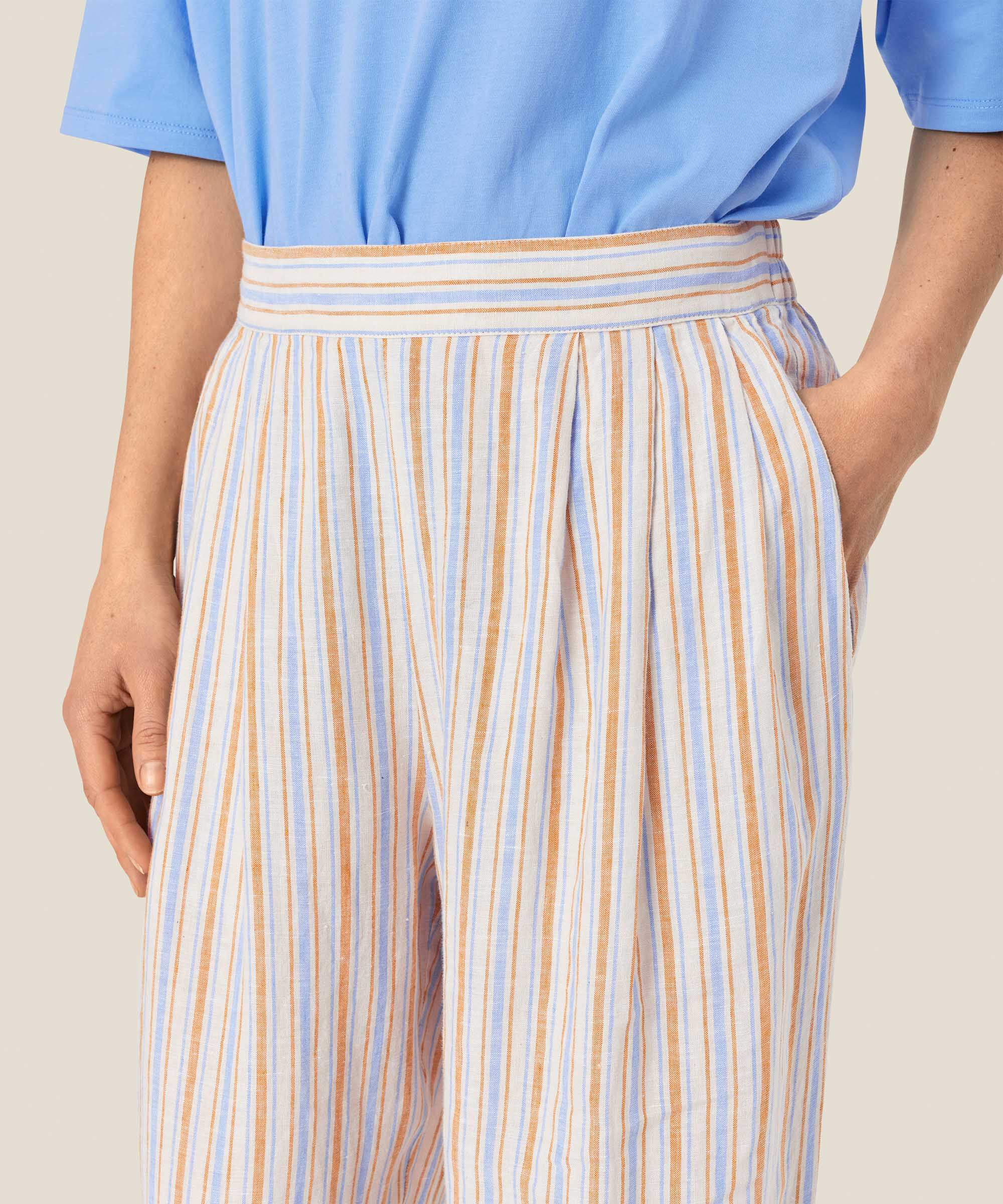 gestreifte Leinenhose mit Eingrifftaschen und Gummizug hinten, Inca Gold