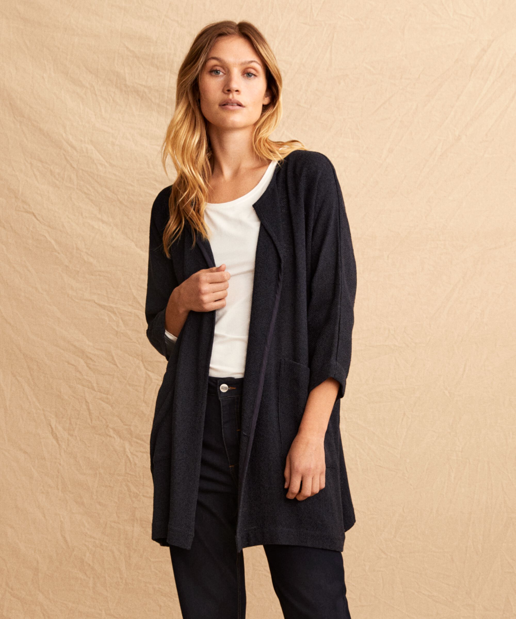 Lange Jacke Aus Bouclé, Navy