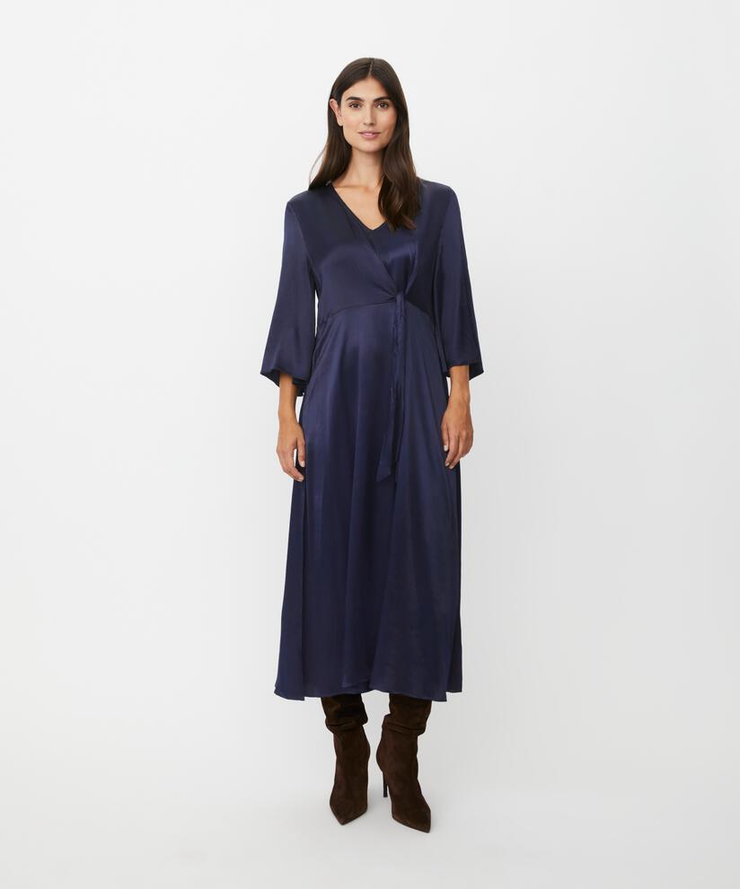 glänzendes Viskosekleid mit Schleifendetail, Navy Blazer