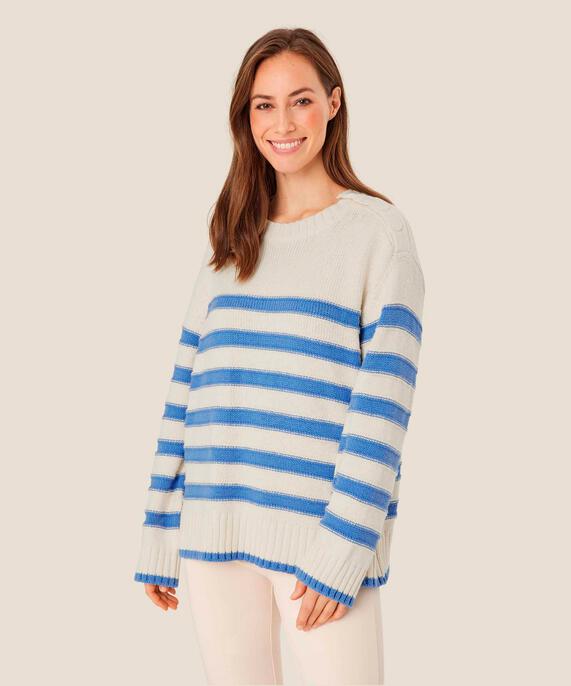 Strickpullover mit Knopfdetail an der Schulter, BlueB/Whc