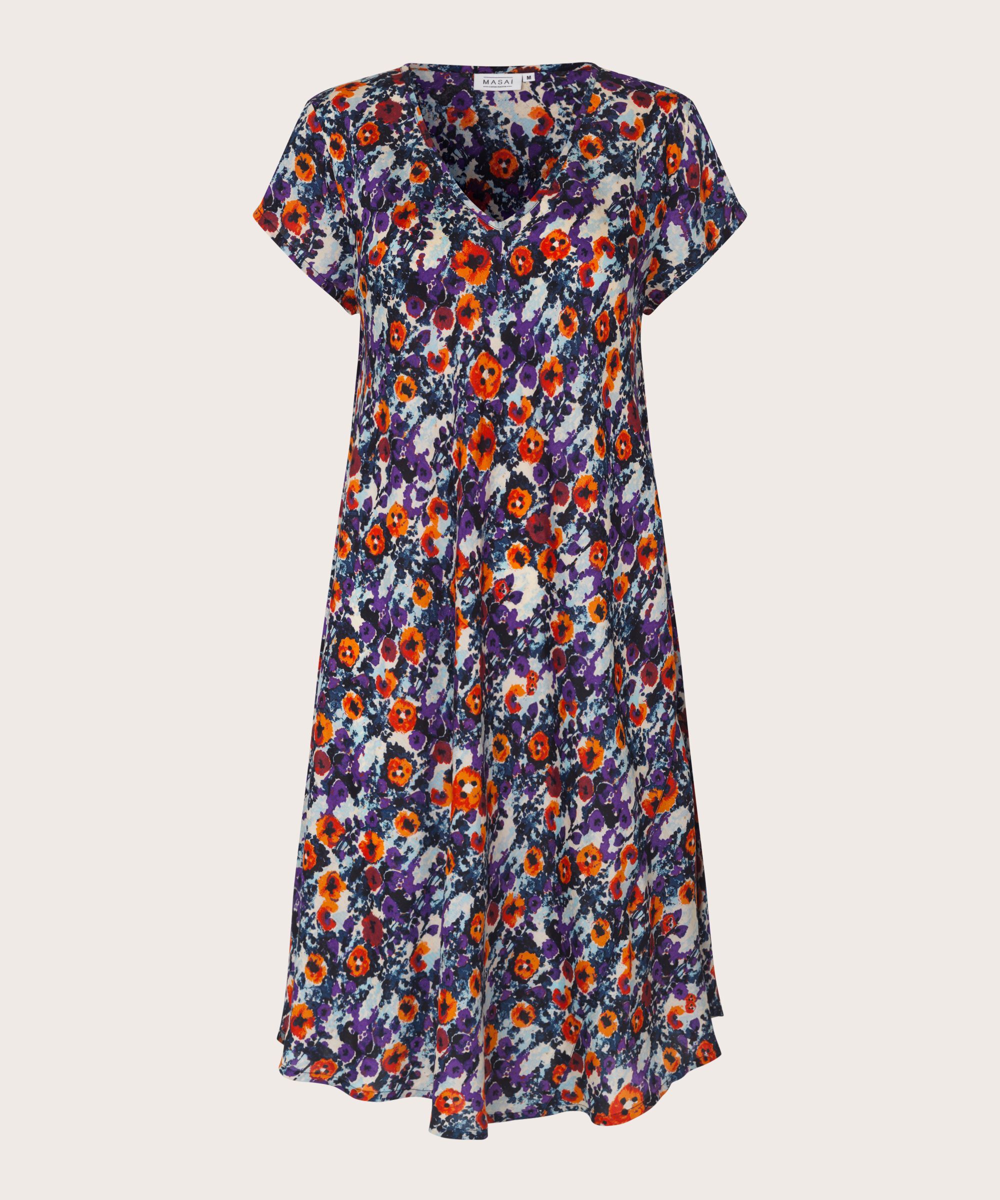 Bedrucktes Viskosekleid mit V-Ausschnitt, Meadow Violet