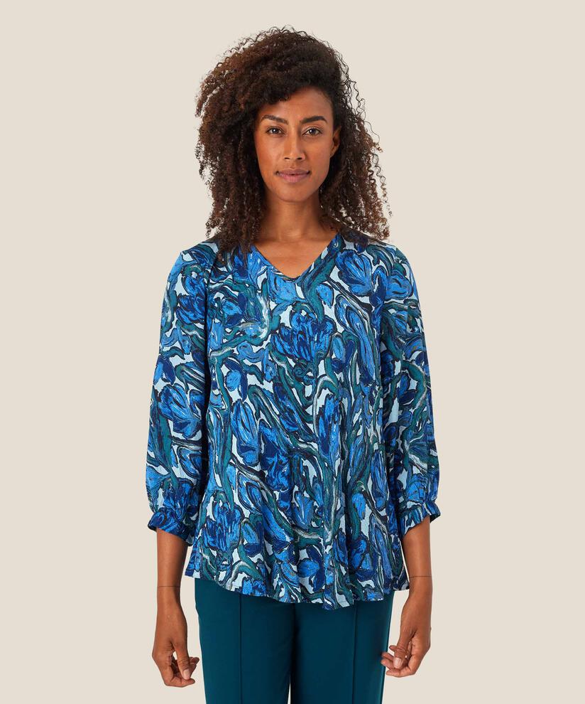 Bedruckte Viskosebluse Mit V-ausschnitt, Blue Fog