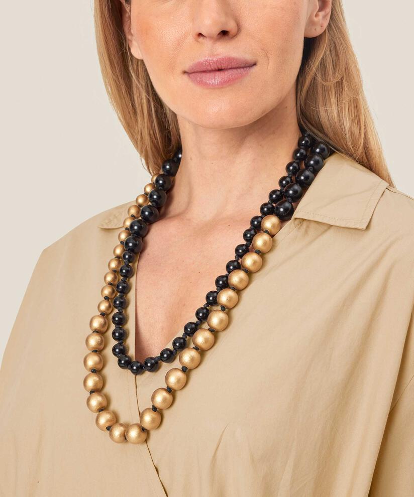 Lange Kette mit schwarzen und goldenen Perlen, Gold