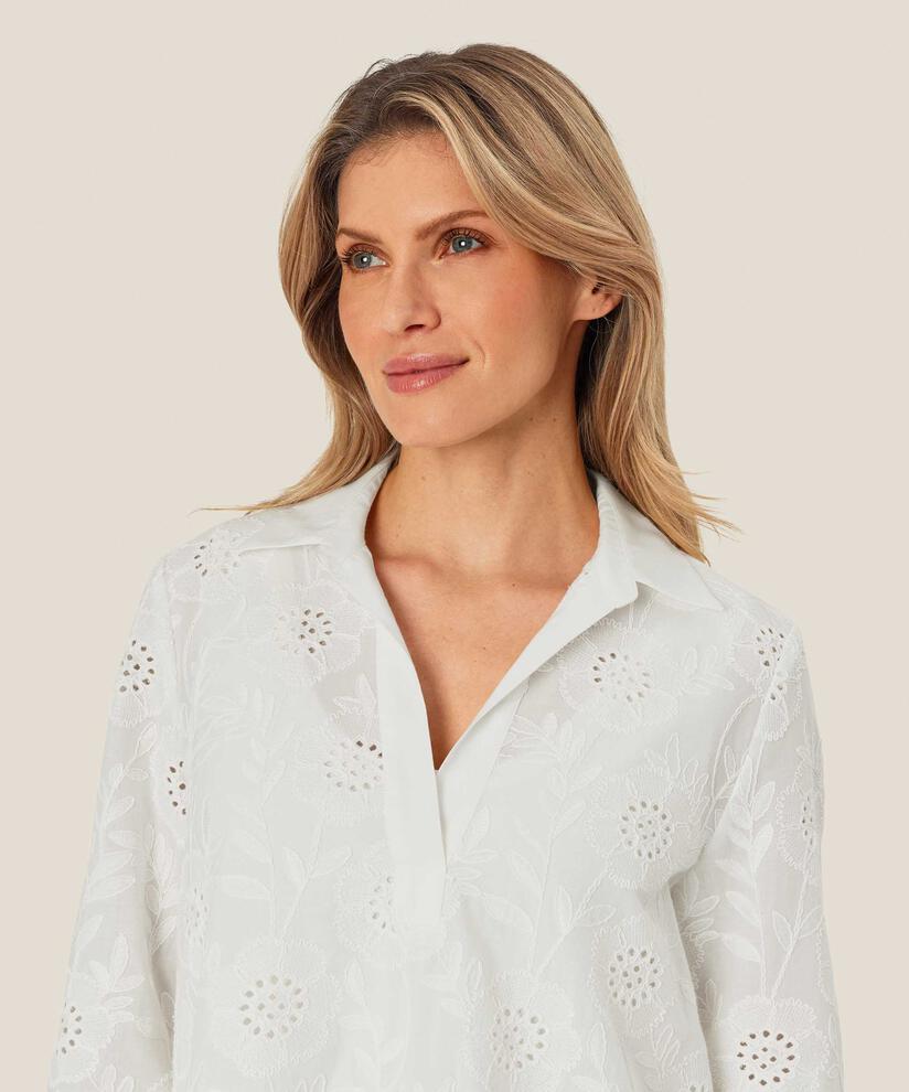 Bluse mit Stickerei Anglaise und tiefem V-Ausschnitt, White