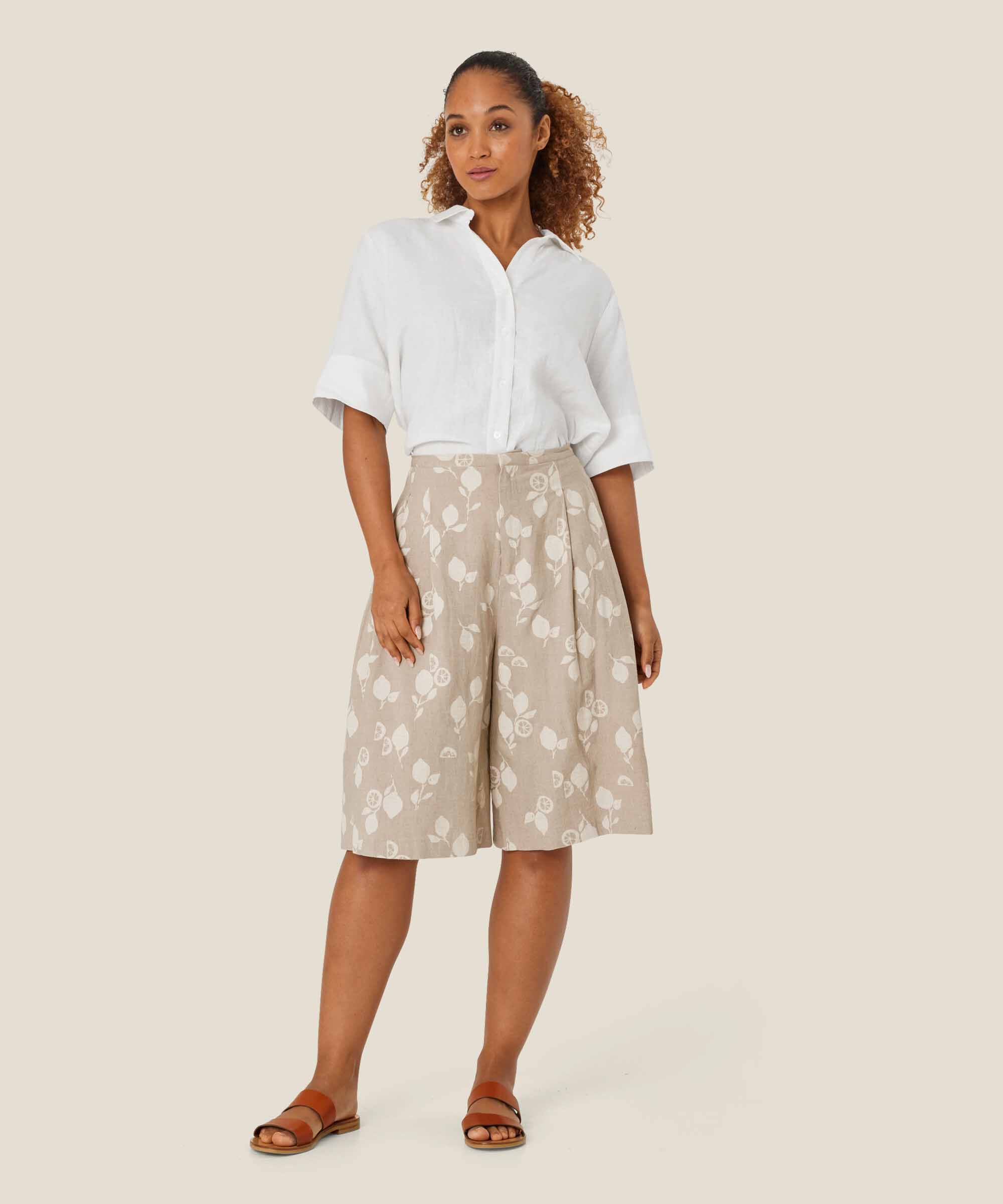 Bedruckte Shorts aus Leinenmischung mit festem Bund, Natural