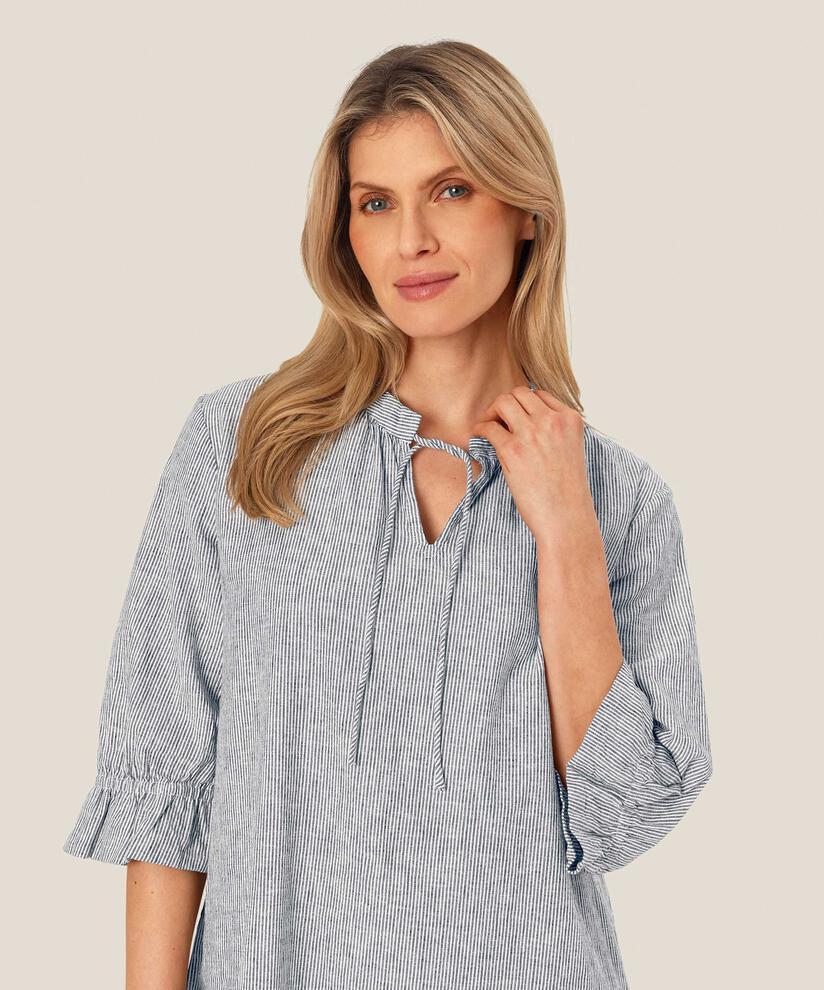 gestreiftes Kleid aus Leinen-Mix mit Bindeband im Nacken, Black