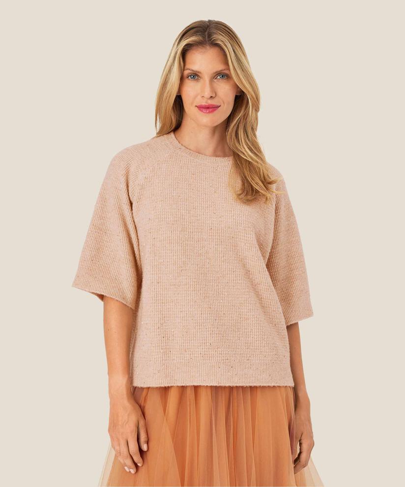 Kurzarmpullover aus Wollmischung mit Pailletten, Bisquit