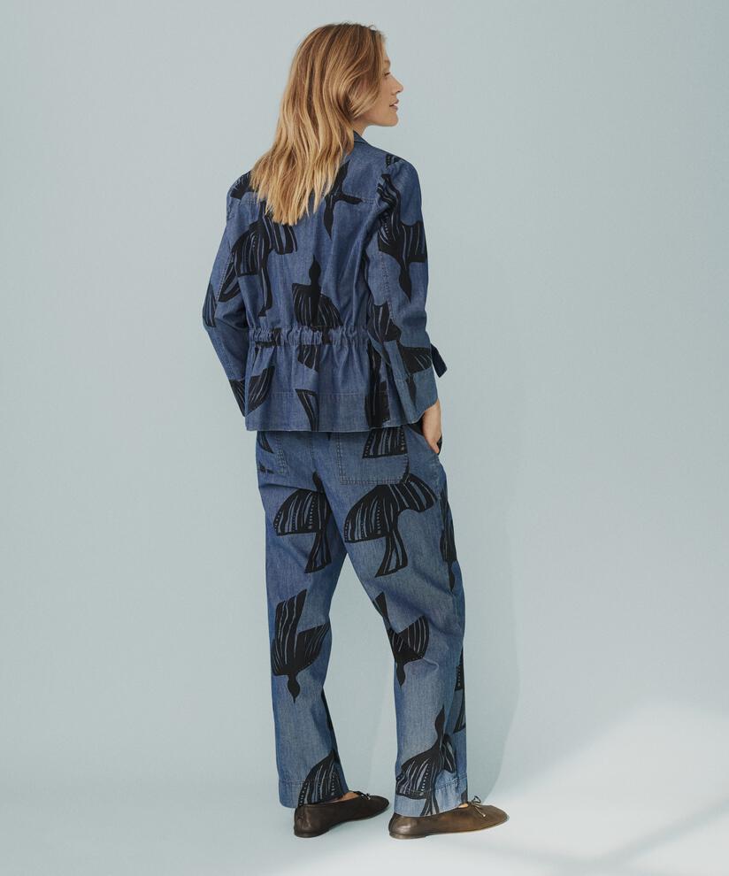 Bedruckte Jeansjacke mit Bindeband in der Taille, Dark Denim