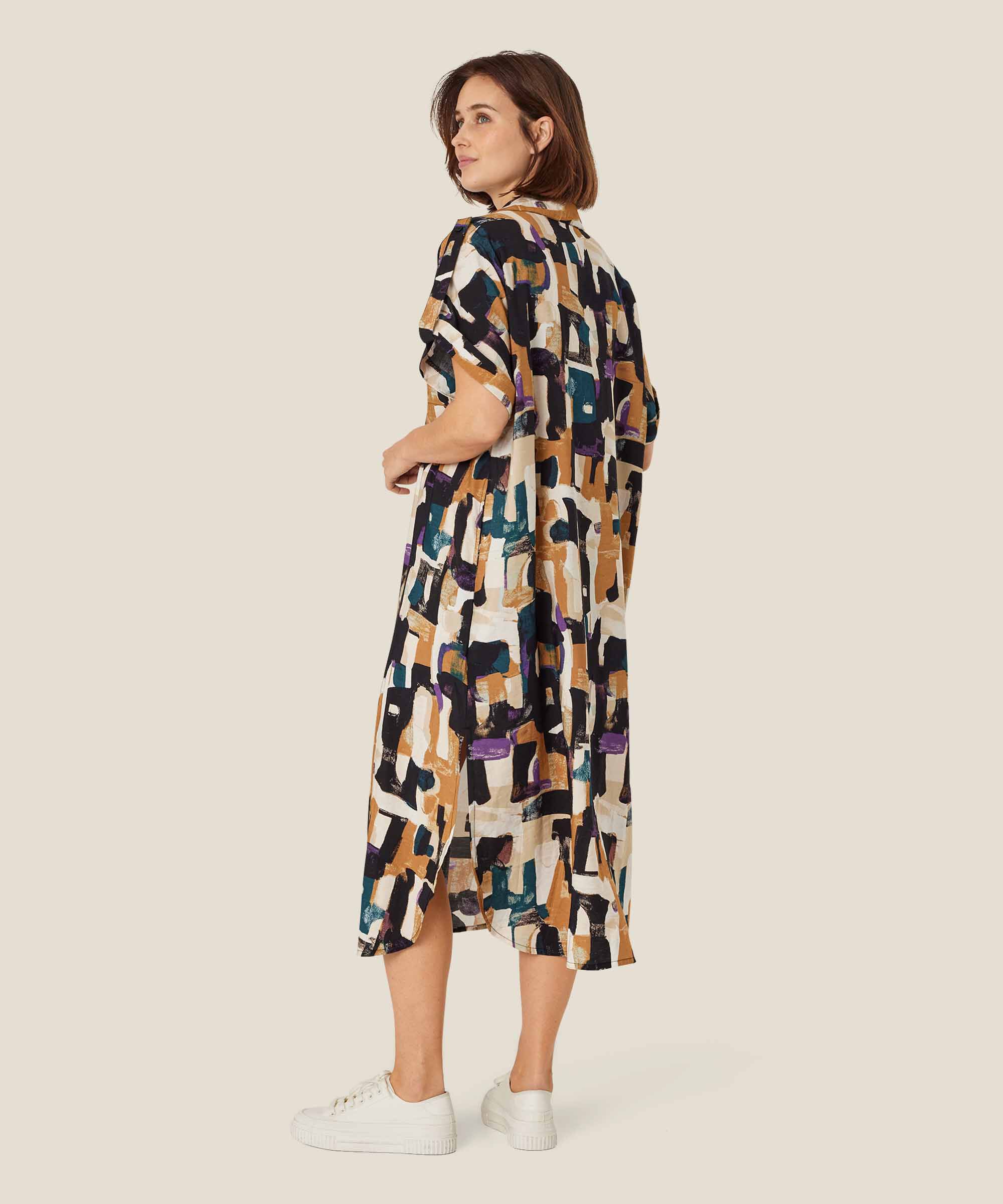 Bedrucktes Viskosekleid mit hohem Seitenschlitz, Dijon