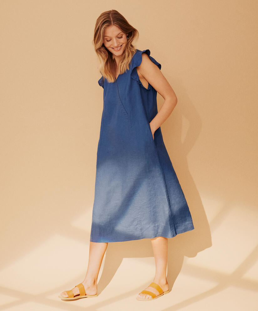 Kleid aus Leinen mit V-Ausschnitt und Rüschen, Navy Peony