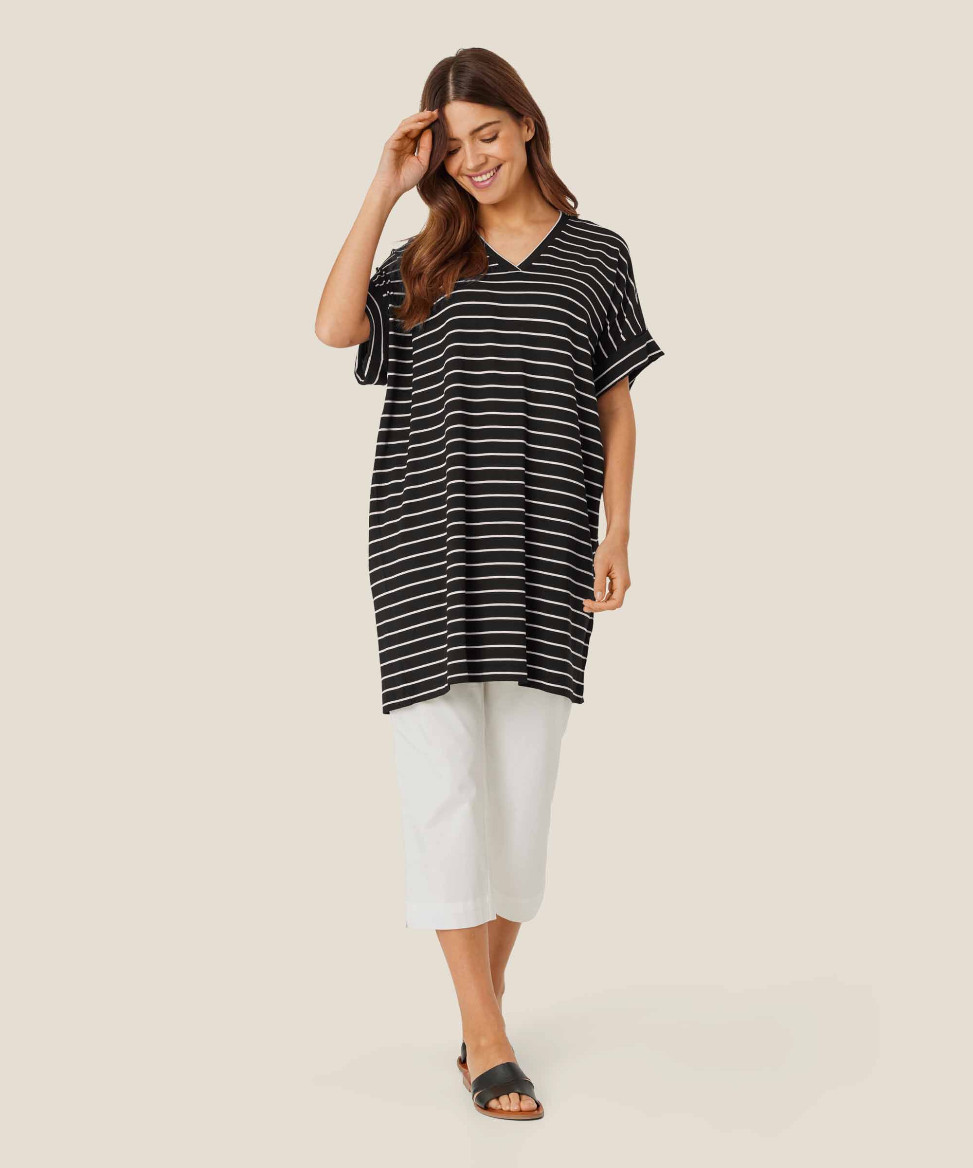 Gestreifte Jersey-Tunika mit V-Ausschnitt, Black