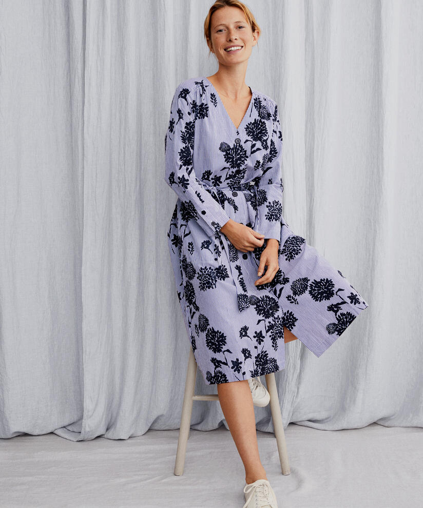Baumwollkleid mit V-Ausschnitt und abnehmbarem Gürtel, Maritime Blue
