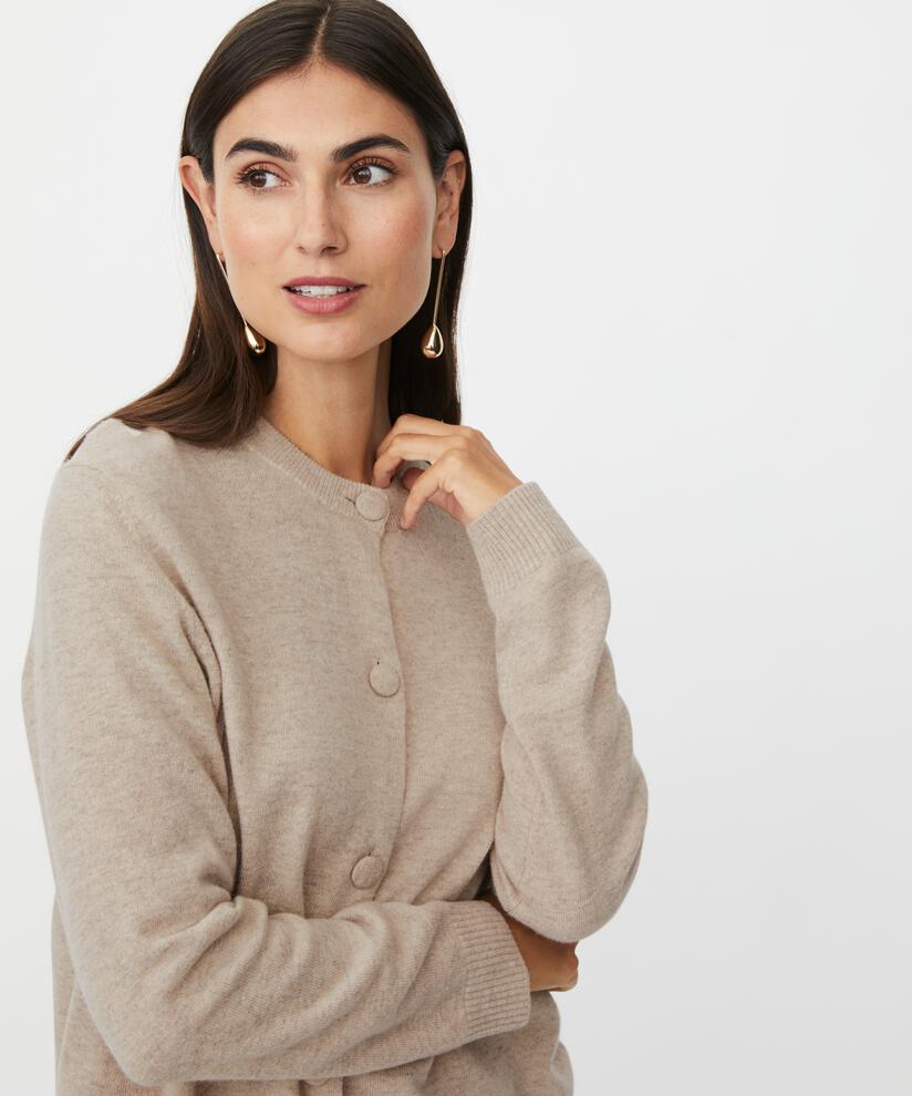 Rundhals-Cardigan aus Wollmischung, Beige melange
