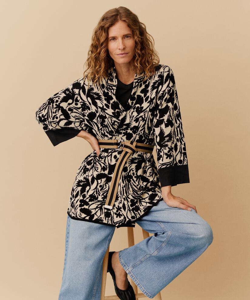 Offener Cardigan mit Strickmuster und kontrastierendem Rand, Black