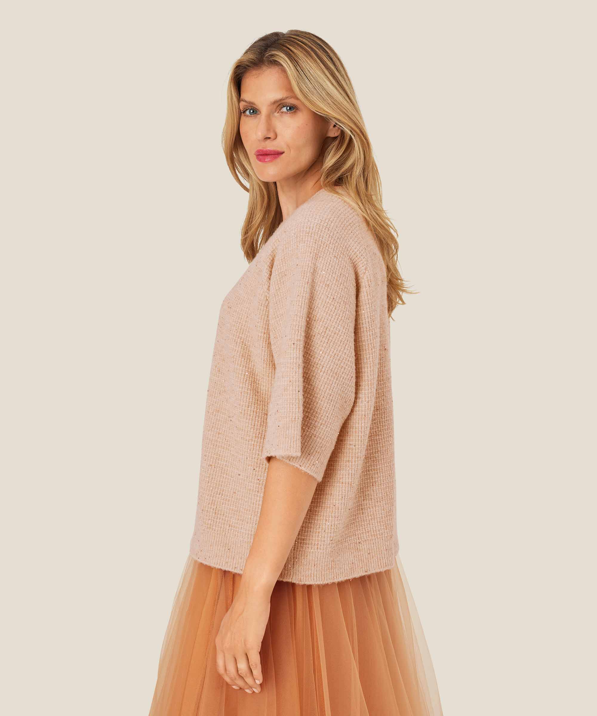 Kurzarmpullover aus Wollmischung mit Pailletten, Bisquit