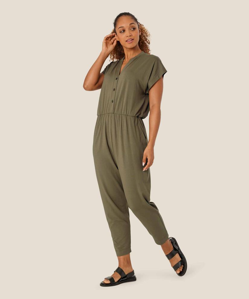 Jersey-Jumpsuit mit V-Ausschnitt und Knöpfen, Dusky Green