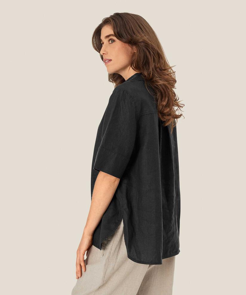 Leinenhemd mit kurzen Ärmeln und V-Ausschnitt, Black