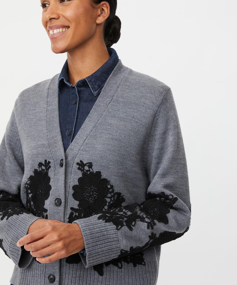 Cardigan mit aufgenähter Spitze und gerippten Kanten, M. Grey mel.