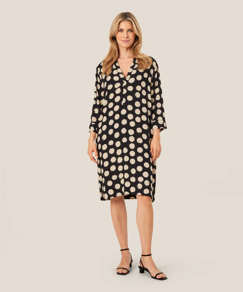 Bedrucktes Viskosekleid mit V-Ausschnitt und Eingrifftaschen, Black