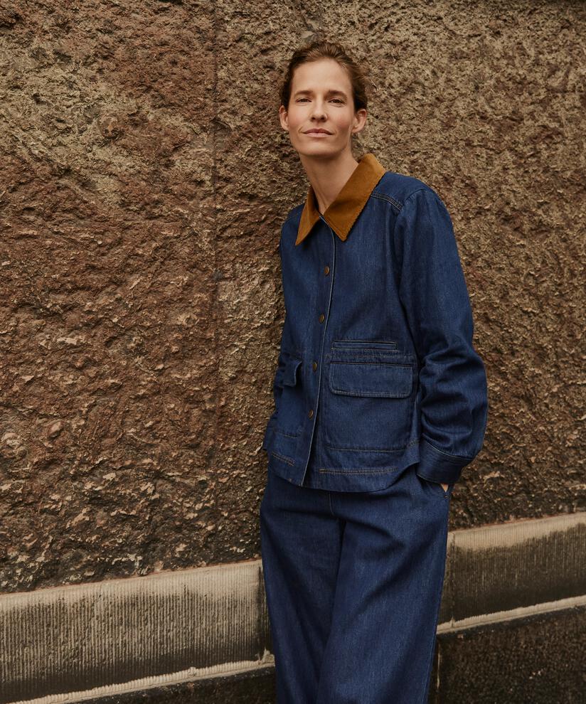 Jeansjacke mit Samtkragen und Fronttaschen, Dark Denim