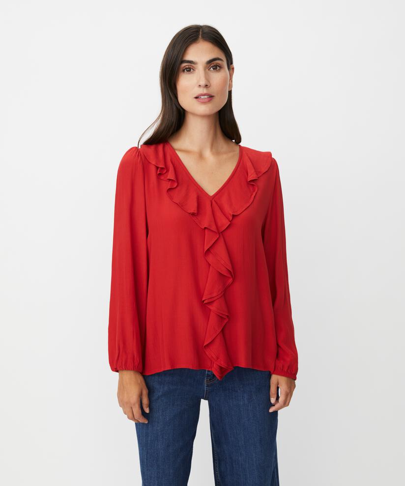 Viskosebluse mit V-Ausschnitt und Rüschen, Scarlet Sage