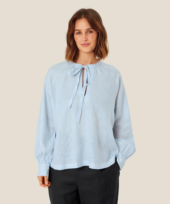 Leinenbluse mit Bindebändern am Hals, Heather