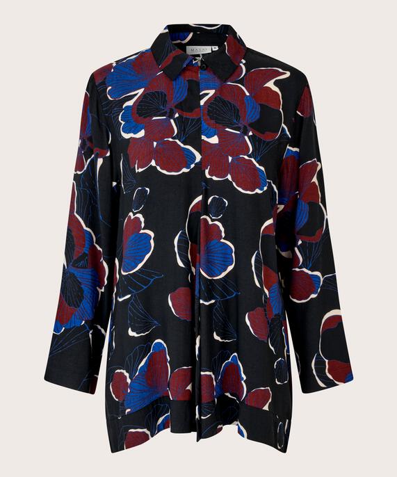 geblümte Viskose-Tunika mit Knopfdetail am Hals, Tawny Port