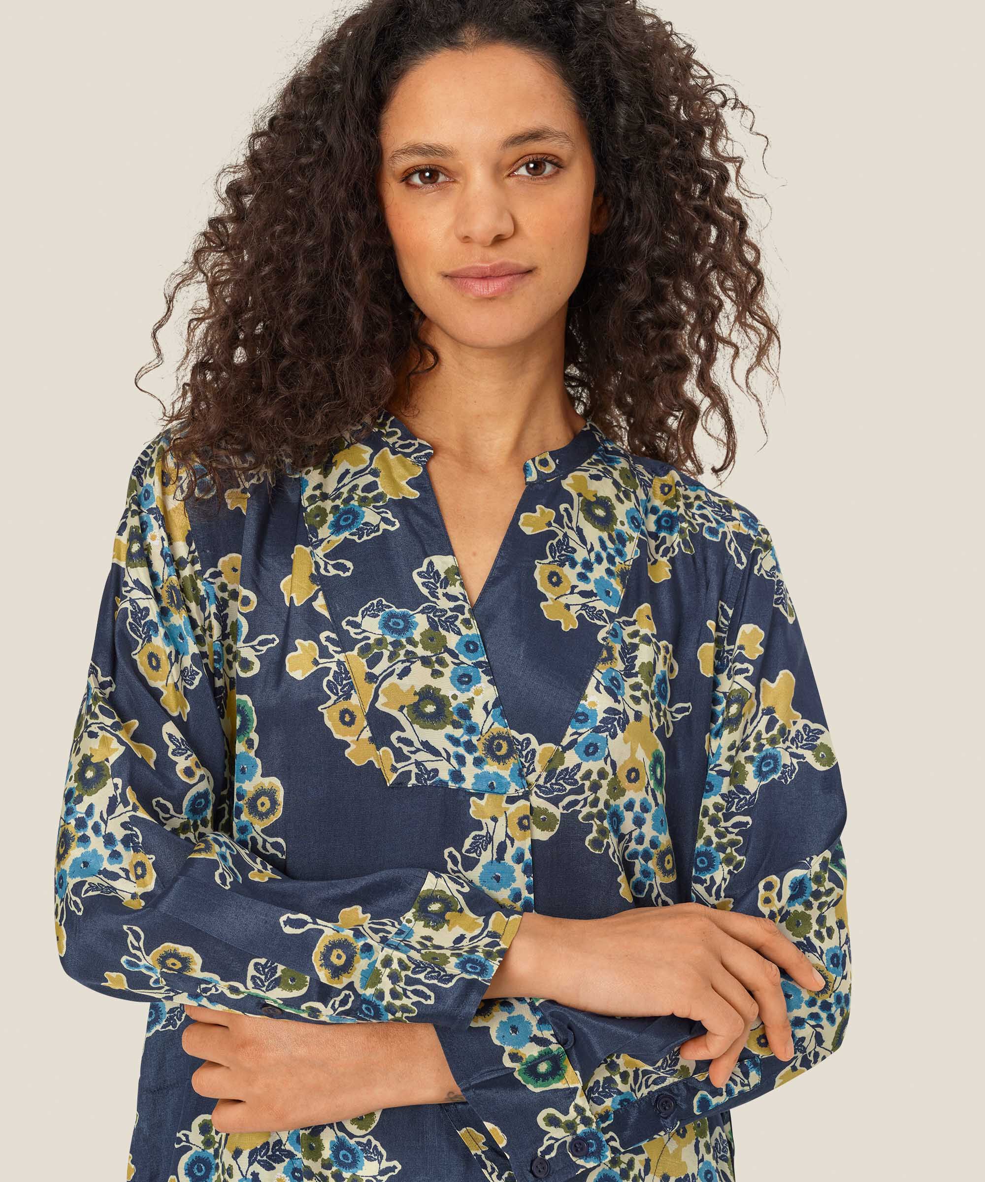 Geblümte Viskose-Tunika mit V-Ausschnitt, Mood Indigo