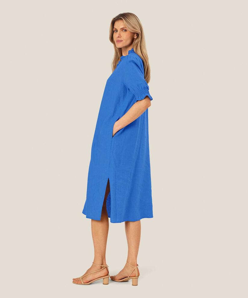 kurzärmliges Leinenkleid mit gerüschtem Ausschnitt, Nebulas Blue