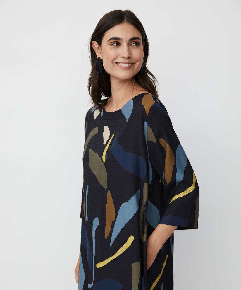 bedrucktes Viskosekleid mit Eingrifftaschen, Proven Blue