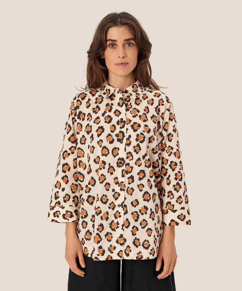 Baumwollhemd mit Leopardenmuster und 3/4-Ärmeln, Cashew