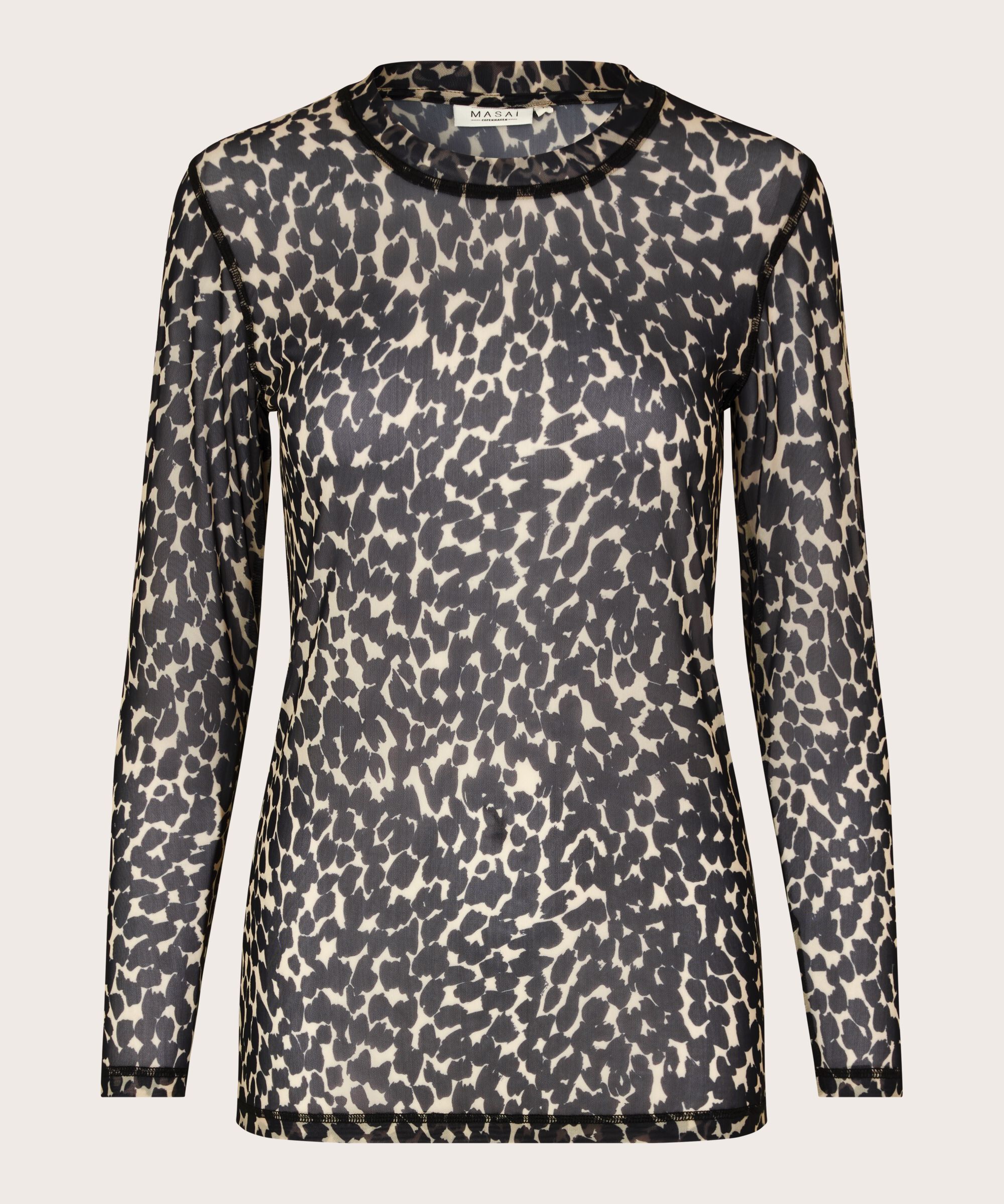 Bedruckte Netzbluse mit langen Ärmeln, Black