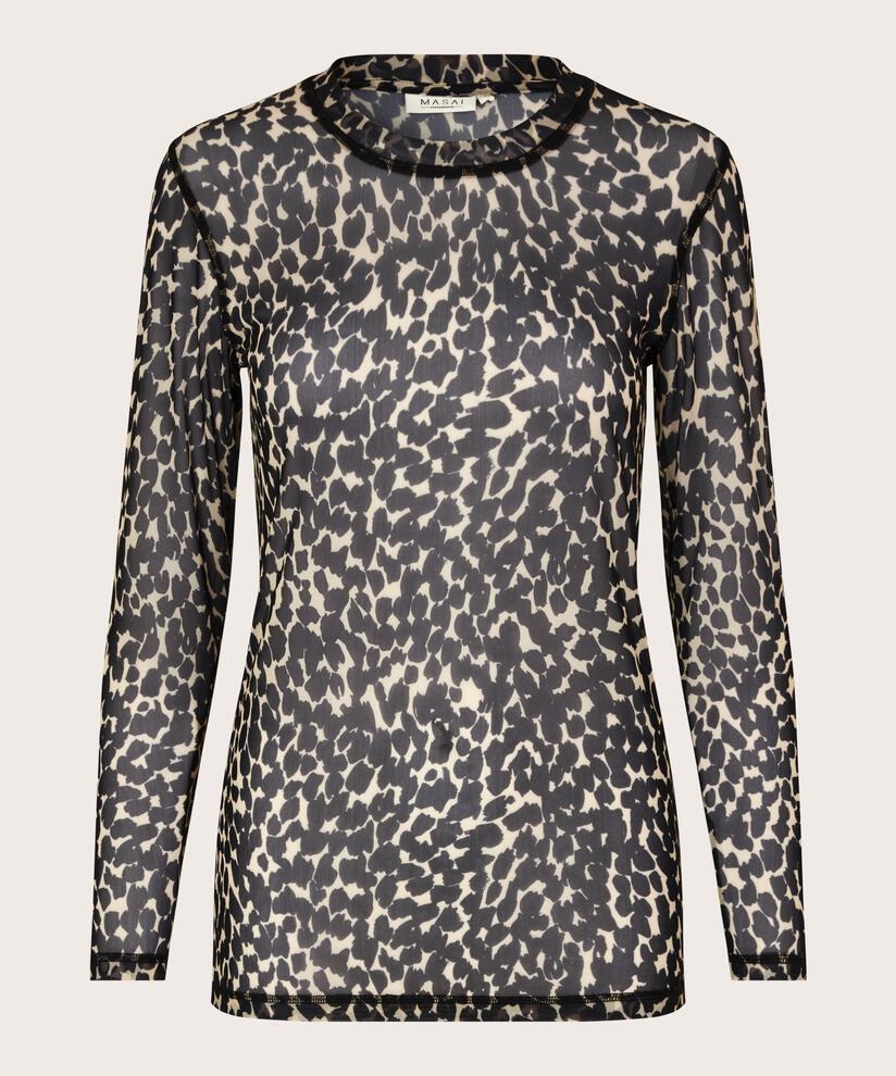 Bedruckte Netzbluse mit langen Ärmeln, Black