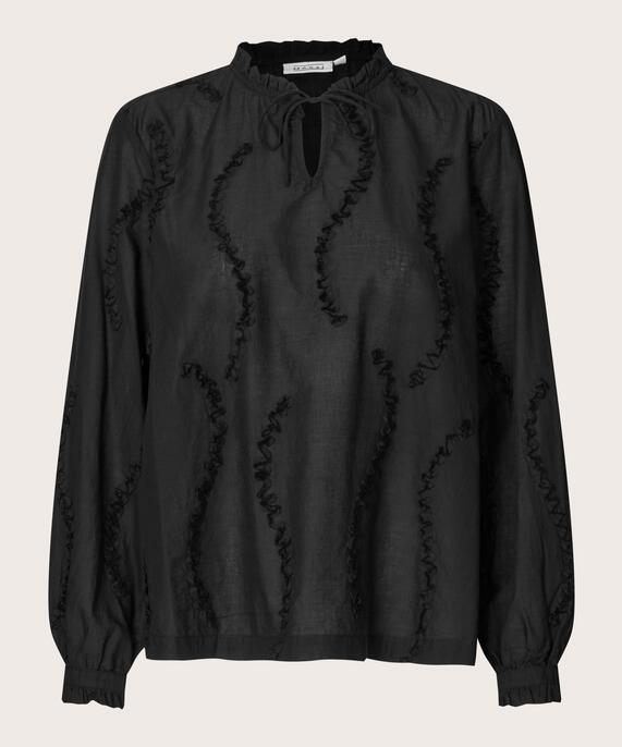 Baumwollbluse mit Applikationen und Bindebändern, Black