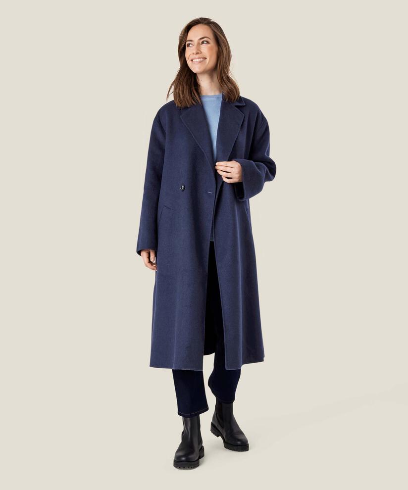 langer Wollmantel mit Bindebändern, Maritime Blue