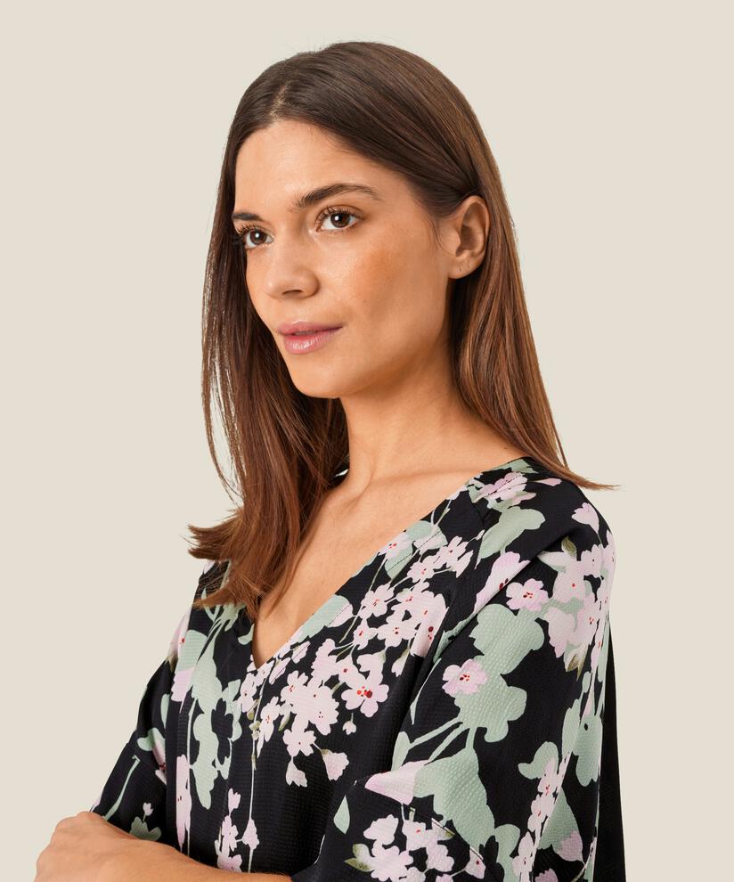 Geblümte Viskosebluse mit kurzen Ärmeln, Pink Lady