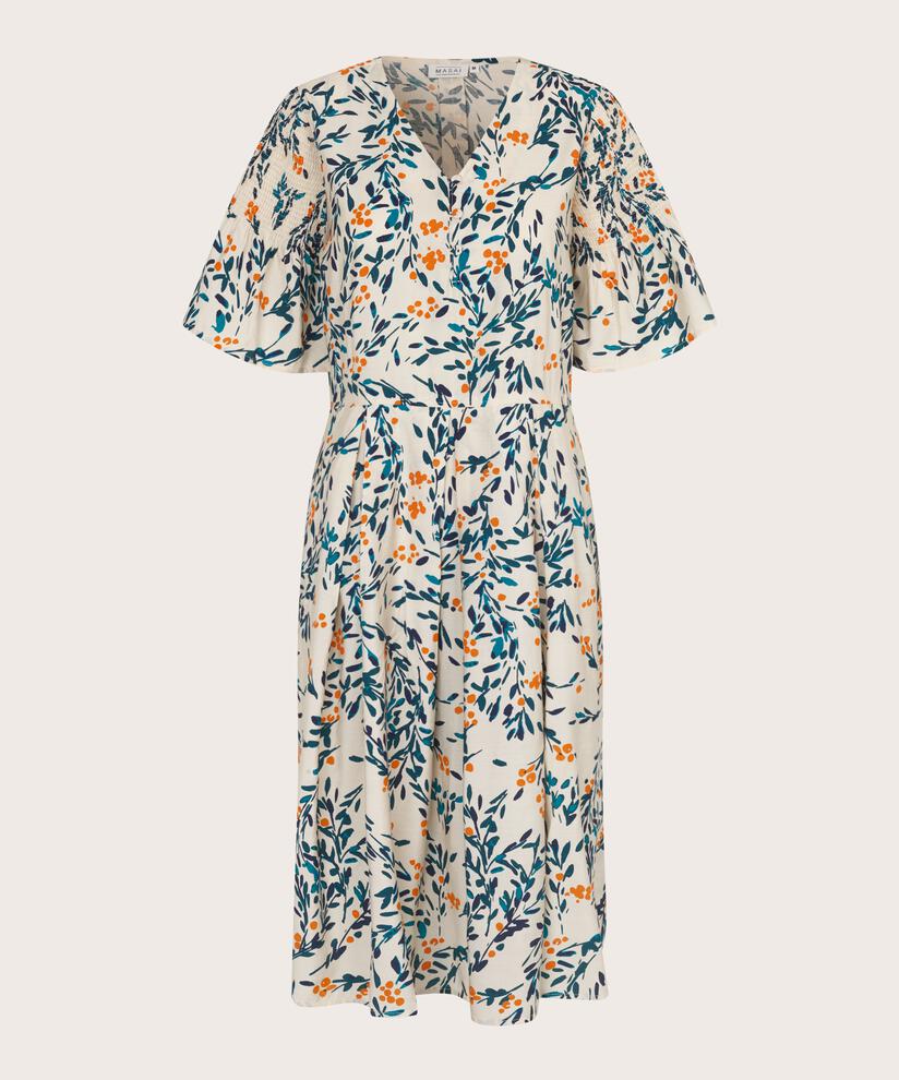 Viskosekleid mit V-Ausschnitt und Smok an den Ärmeln, Russ Orange