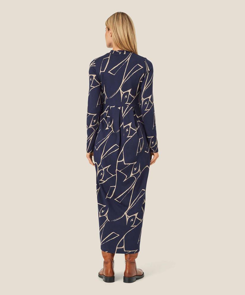 Langes, bedrucktes Tulpenkleid mit Eingrifftaschen, Navy Blazer