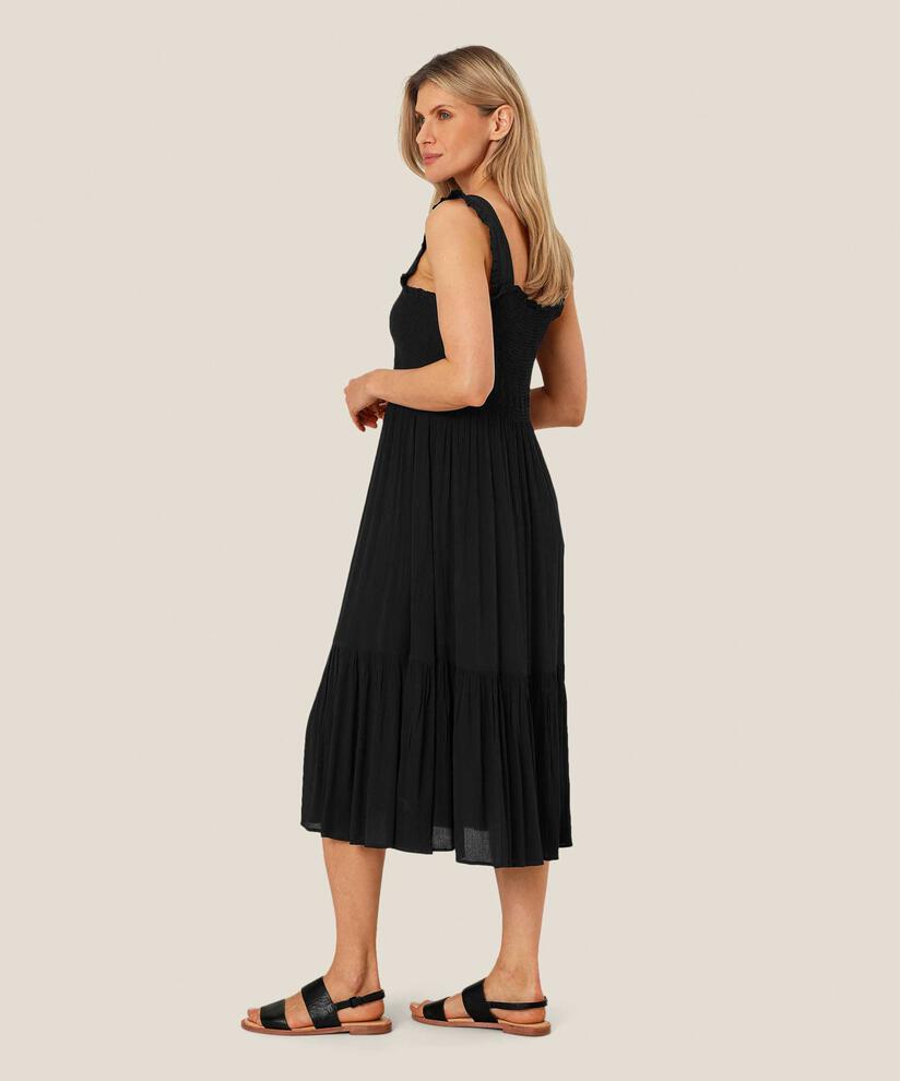 Viskosekleid mit Trägern und Smok über der Brust, Black