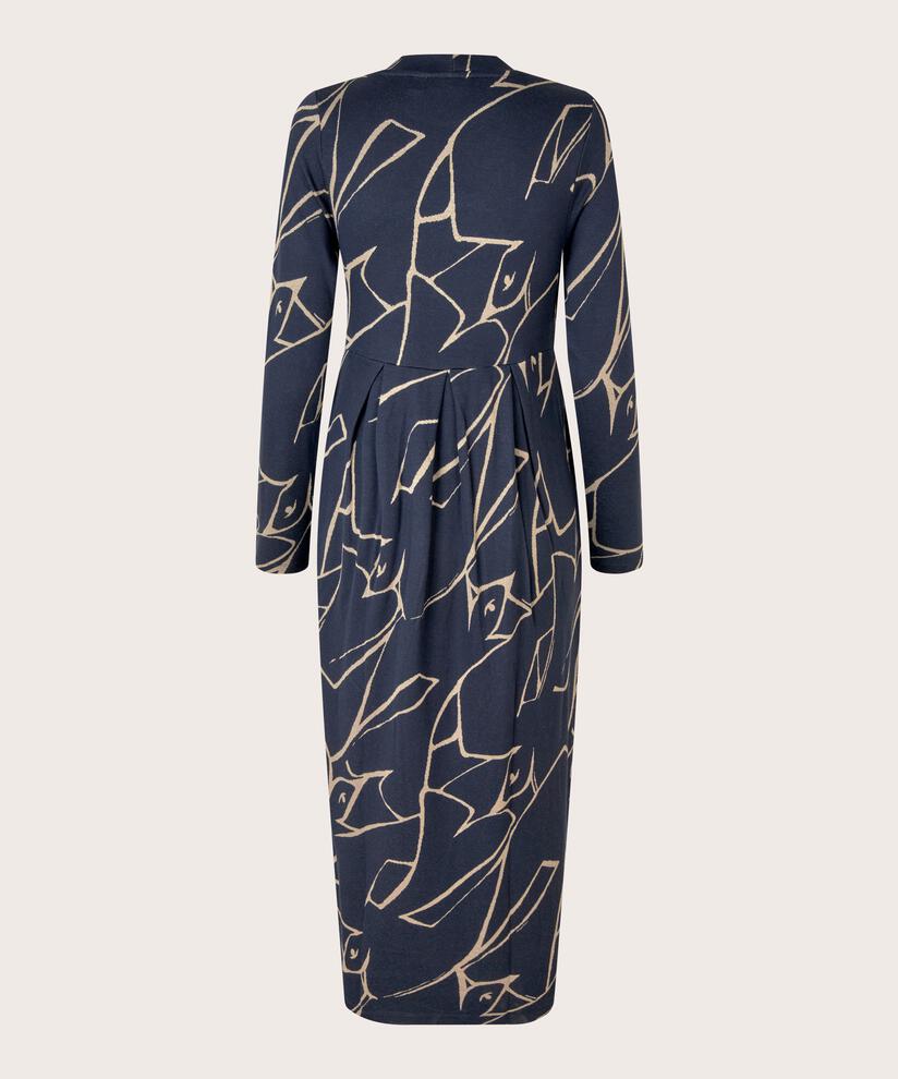 Langes, bedrucktes Tulpenkleid mit Eingrifftaschen, Navy Blazer