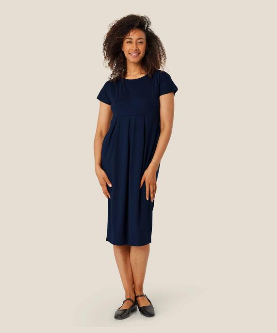 Tulpenkleid mit kurzen Ärmeln und Rundhalsausschnitt, Navy