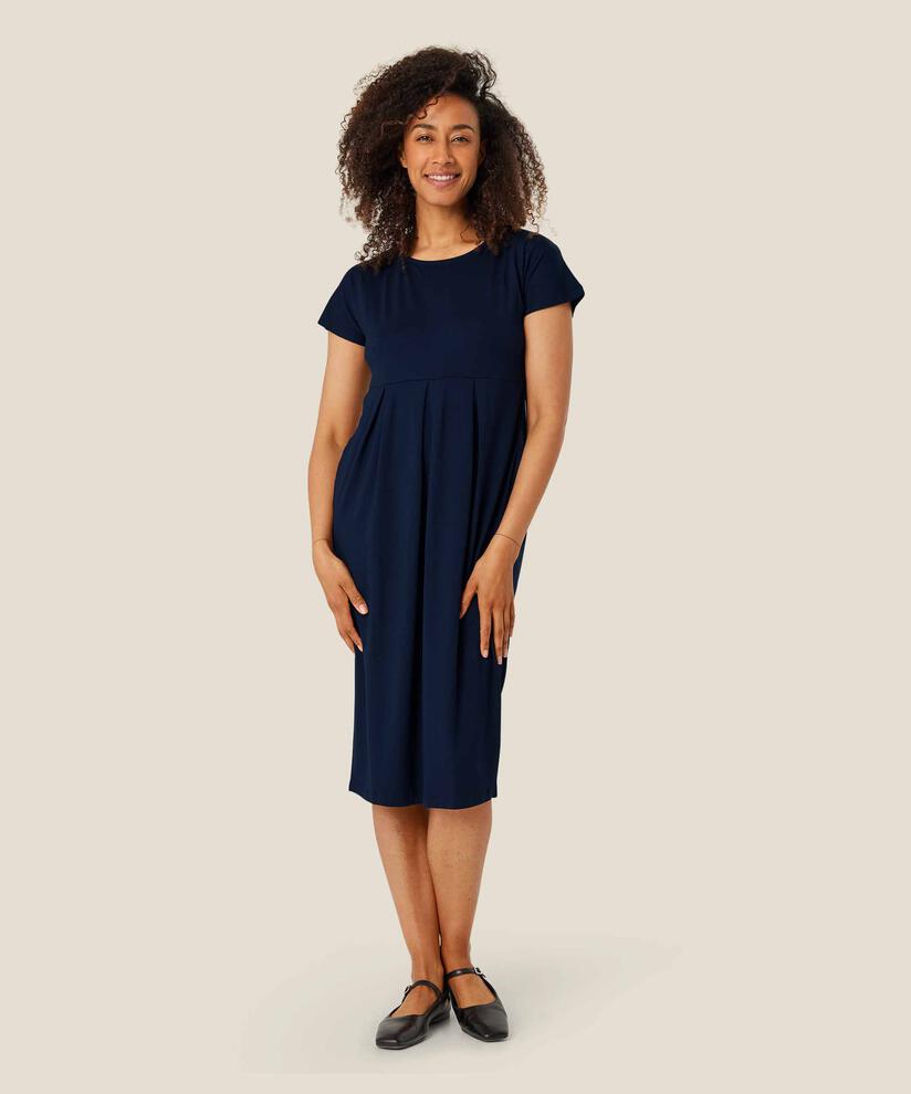Tulpenkleid mit kurzen Ärmeln und Rundhalsausschnitt, Navy