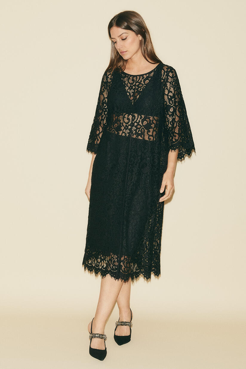 transparentes Spitzenkleid mit Fransen - Black