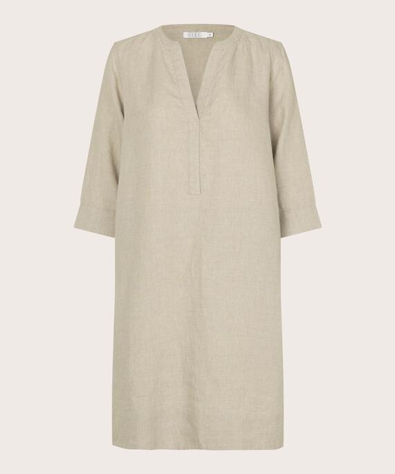 Leinenkleid mit V-Ausschnitt und Eingrifftaschen, Natural