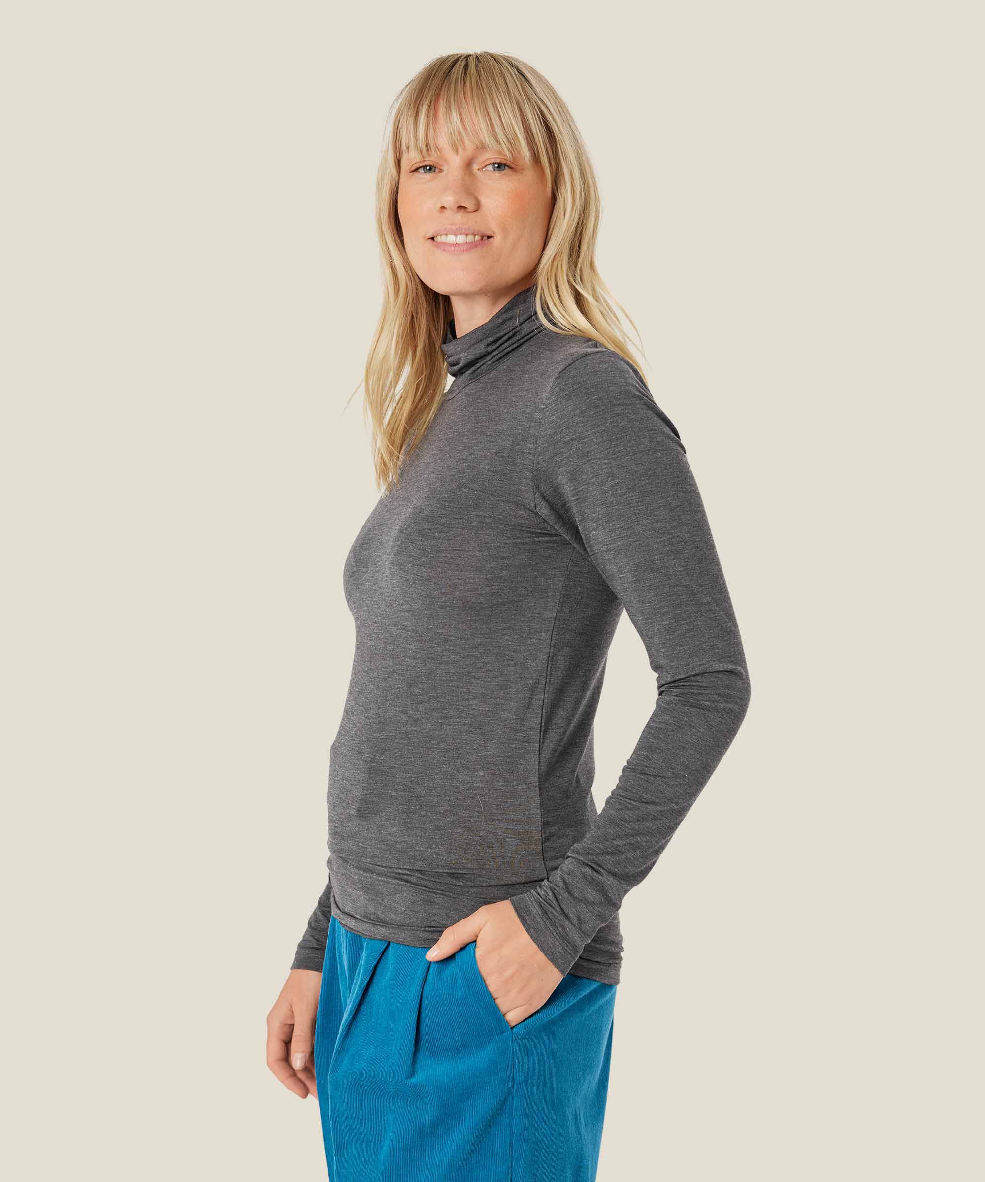 Rollkragenbluse Aus Weichem Jersey, D. Grey mel.