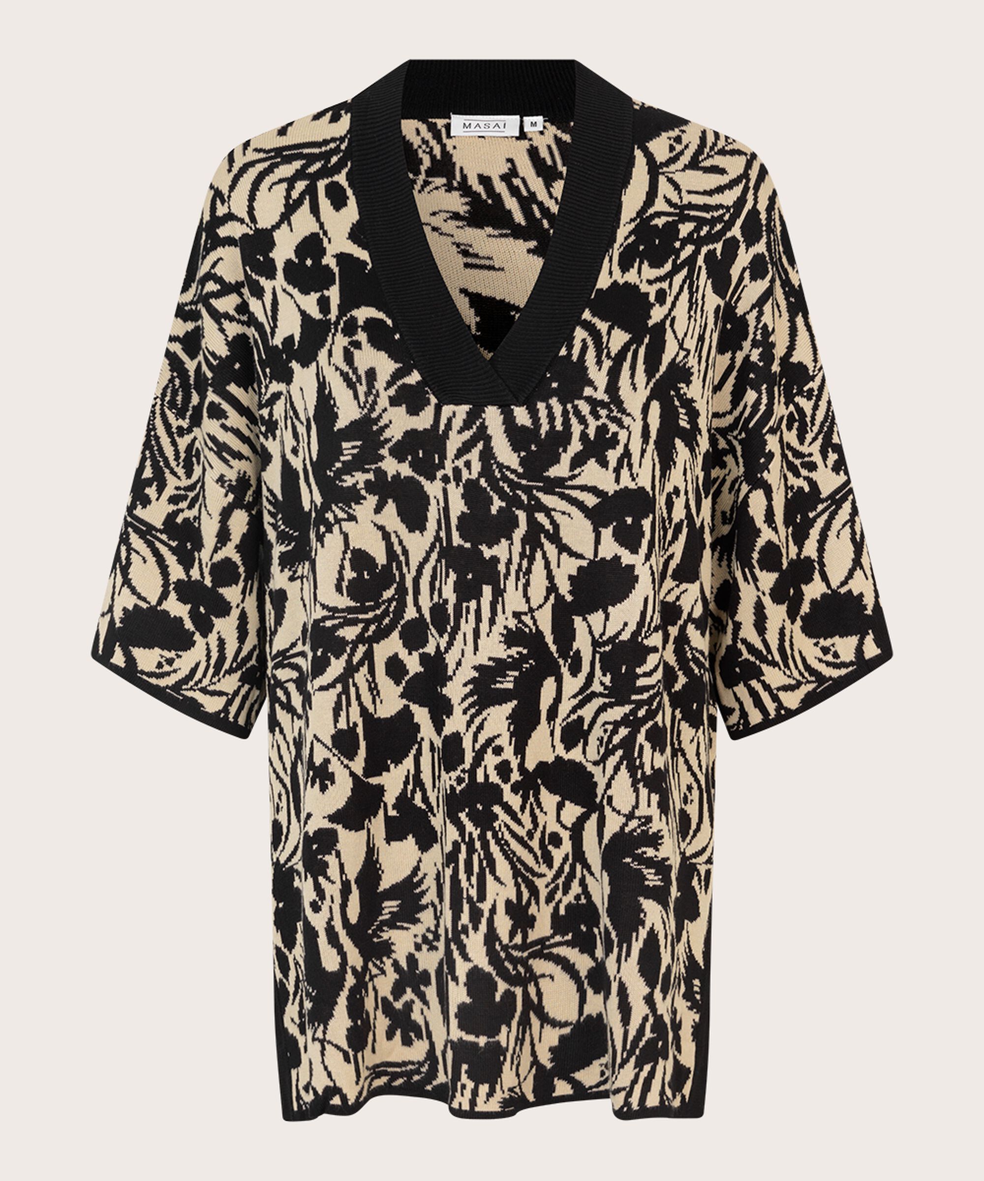 Blumenstrickpullover mit kontrastierendem Ausschnitt, Black