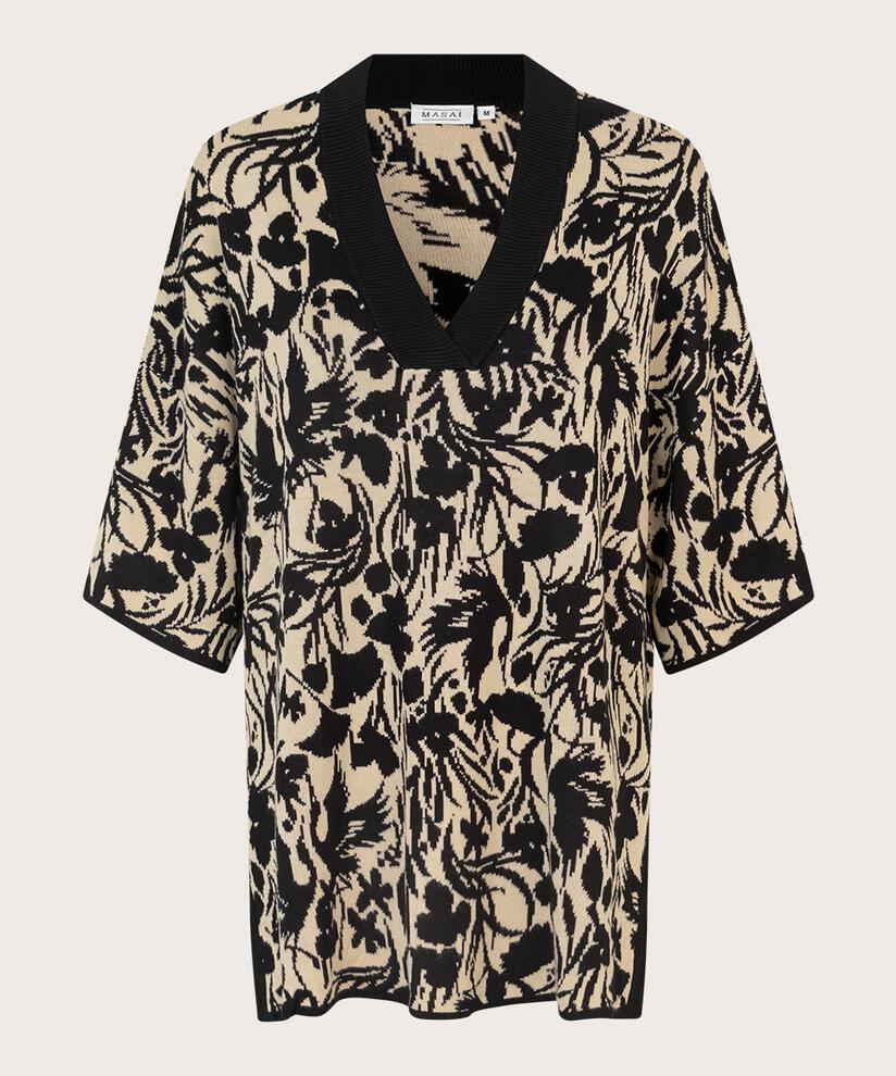 Blumenstrickpullover mit kontrastierendem Ausschnitt, Black